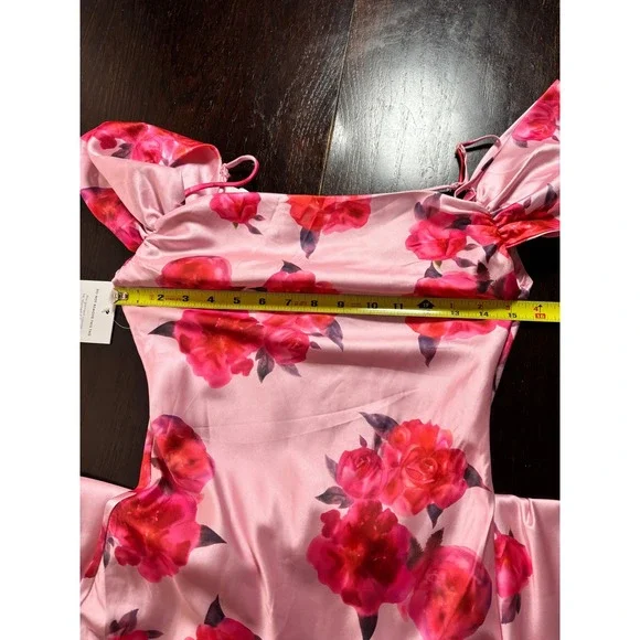 Petal + Pup Esther Pink Floral Satin Midi Dress Off Shoulder Romantic Feminine - Picture 6 of 8
